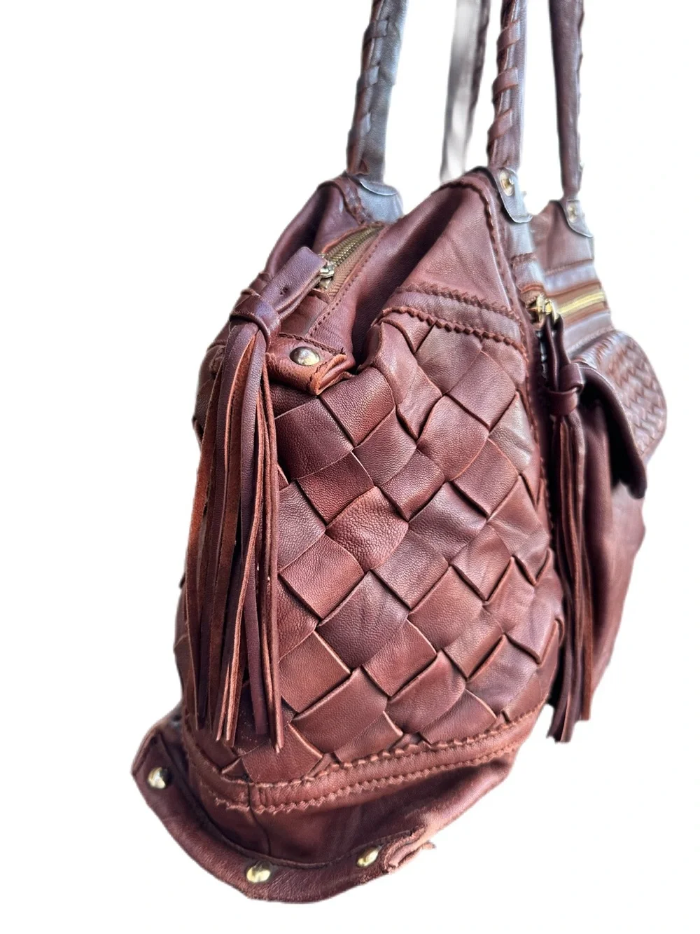 Vintage Bebe Burgundy Brown Leather Woven Boho Satchel Bag Y2K